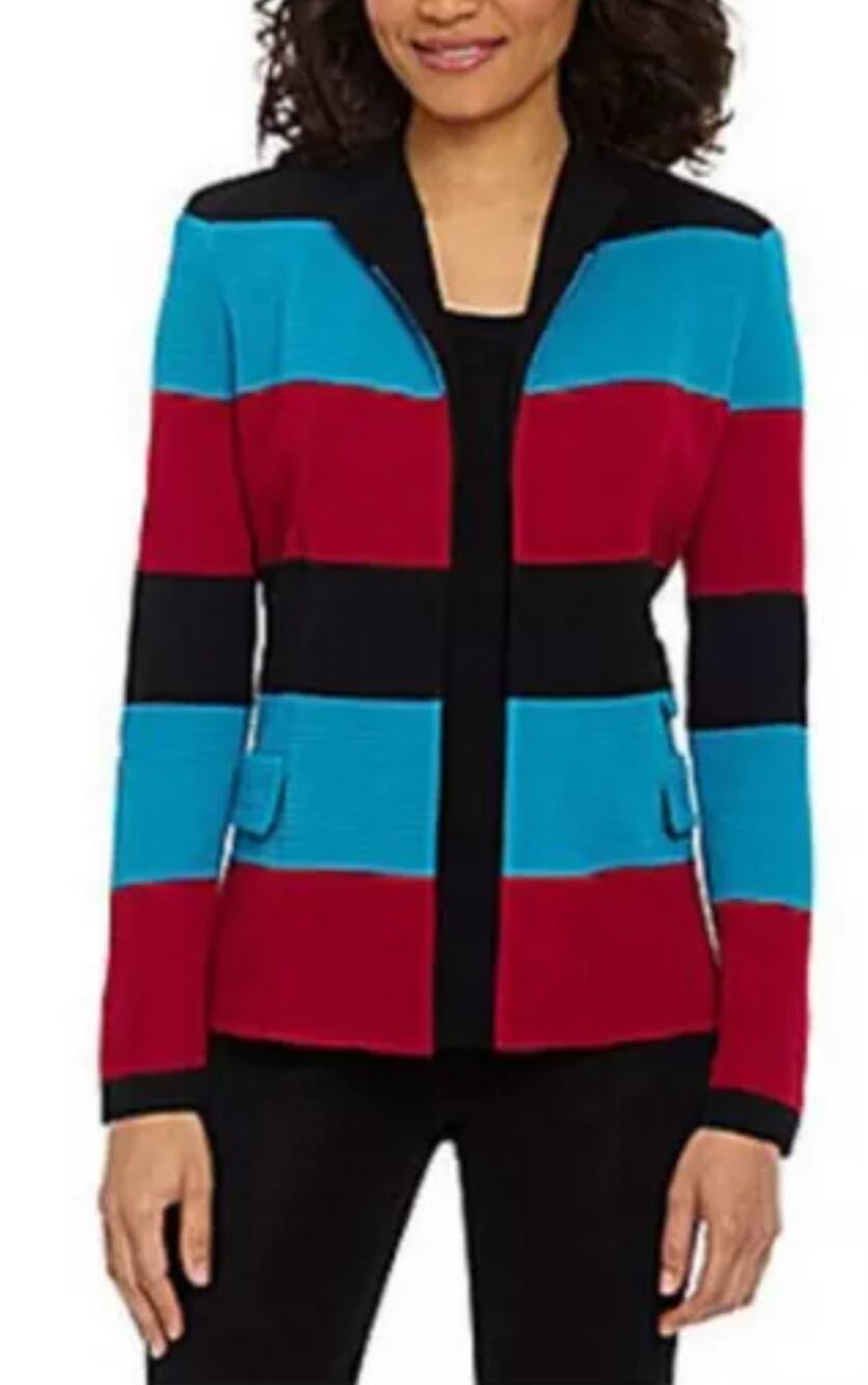 MISOOK Cardigan Jacket Pink & Blue Color Block Ribbed Open Front Knit